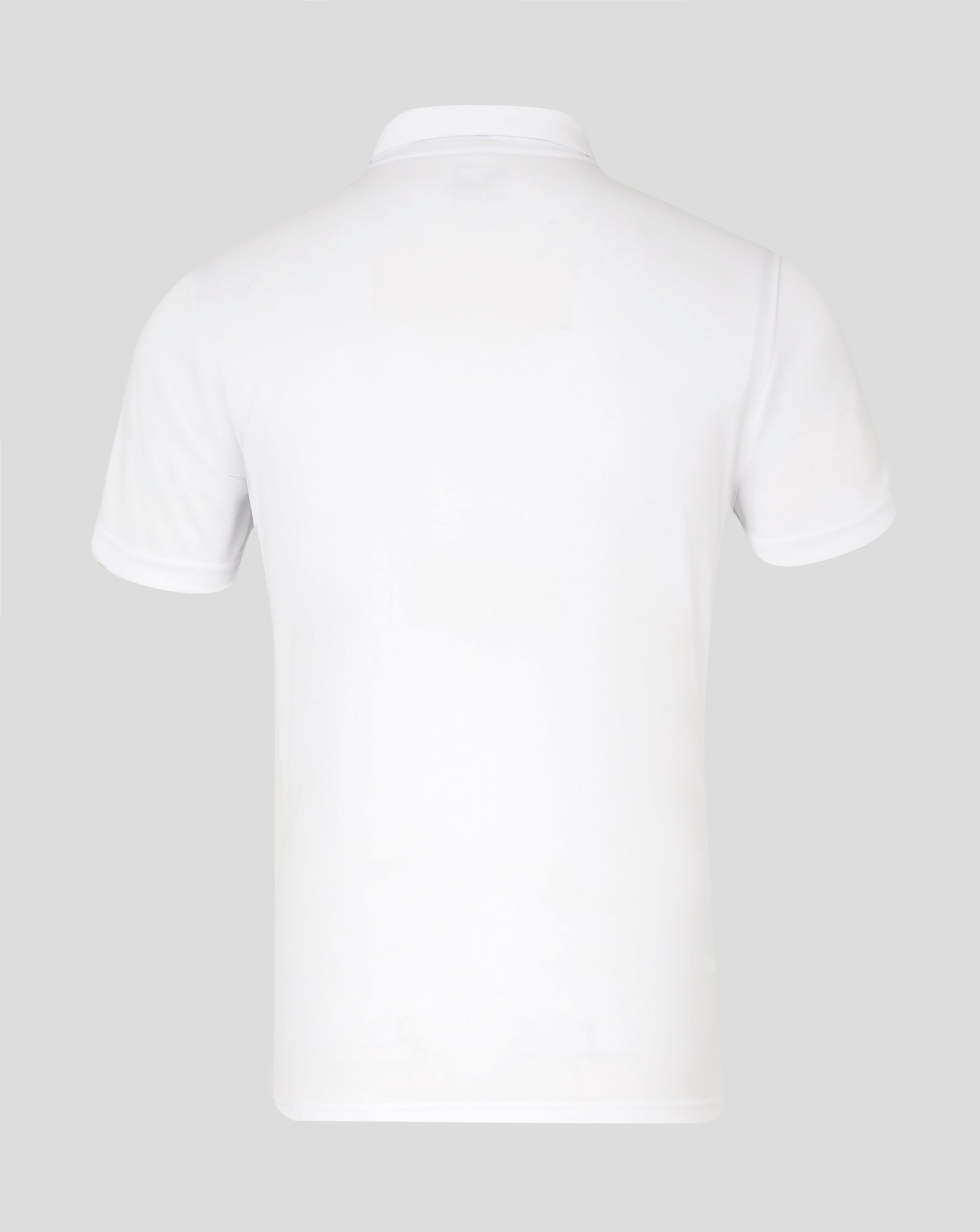 Back view of white performance polo collar on a mannequin