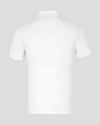 Back view of white performance polo collar on a mannequin