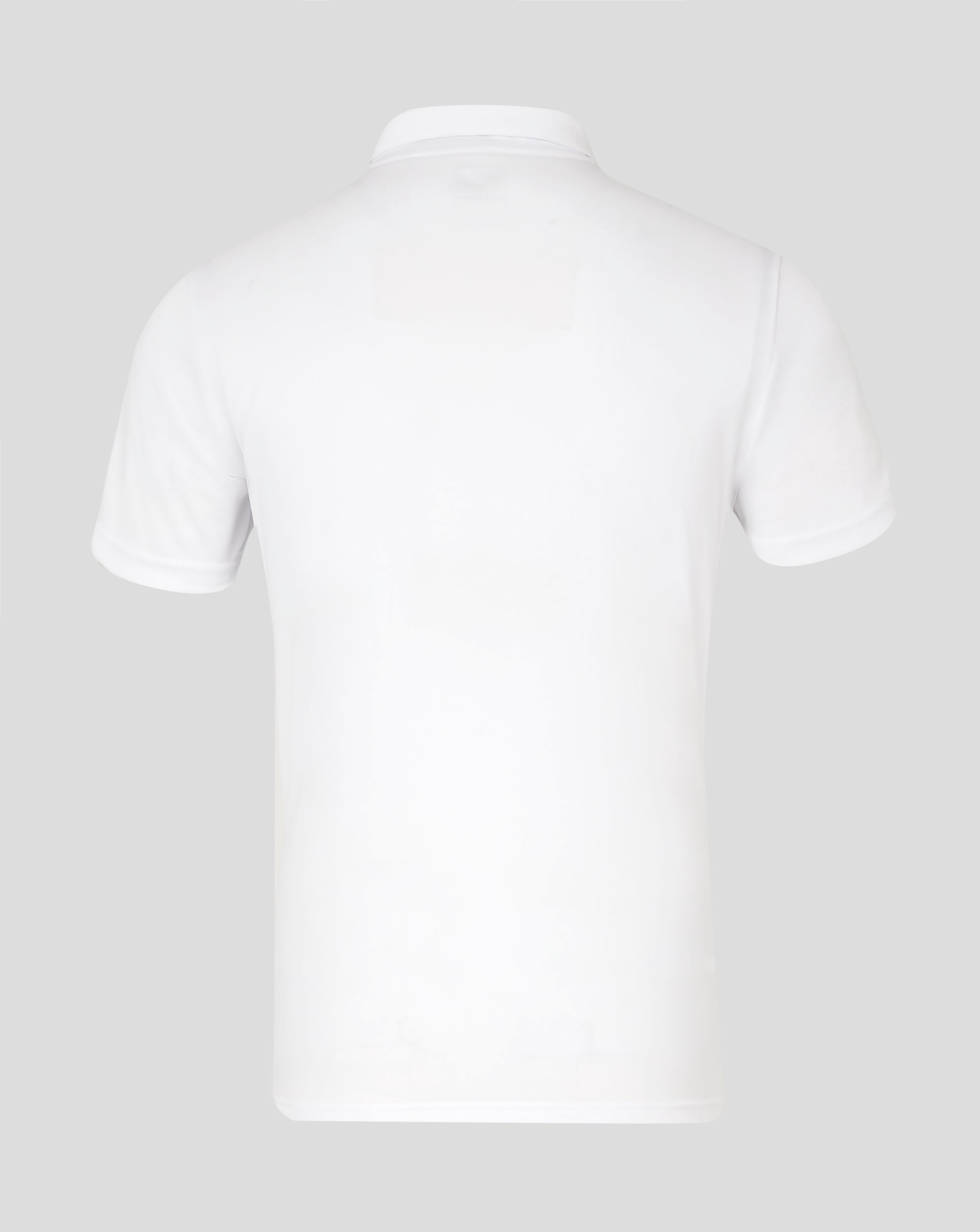 Back view of white Mens Performance Polo with collar and short sleeves