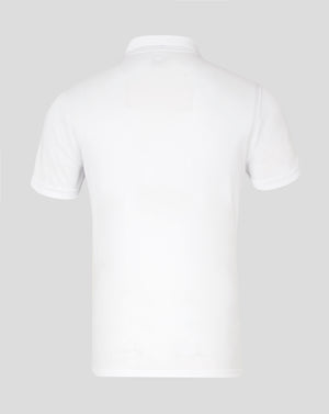 Back view of white Mens Performance Polo with collar and short sleeves