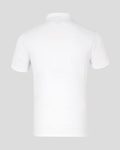 Back view of white Mens Performance Polo with collar and short sleeves