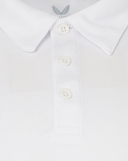 Close-up of a white shirt collar with a button placket and textured fabric.