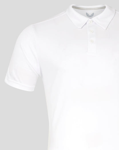 White men's performance polo with self fabric collar three button placket forward shoulder seam and heat sealed Castore logo