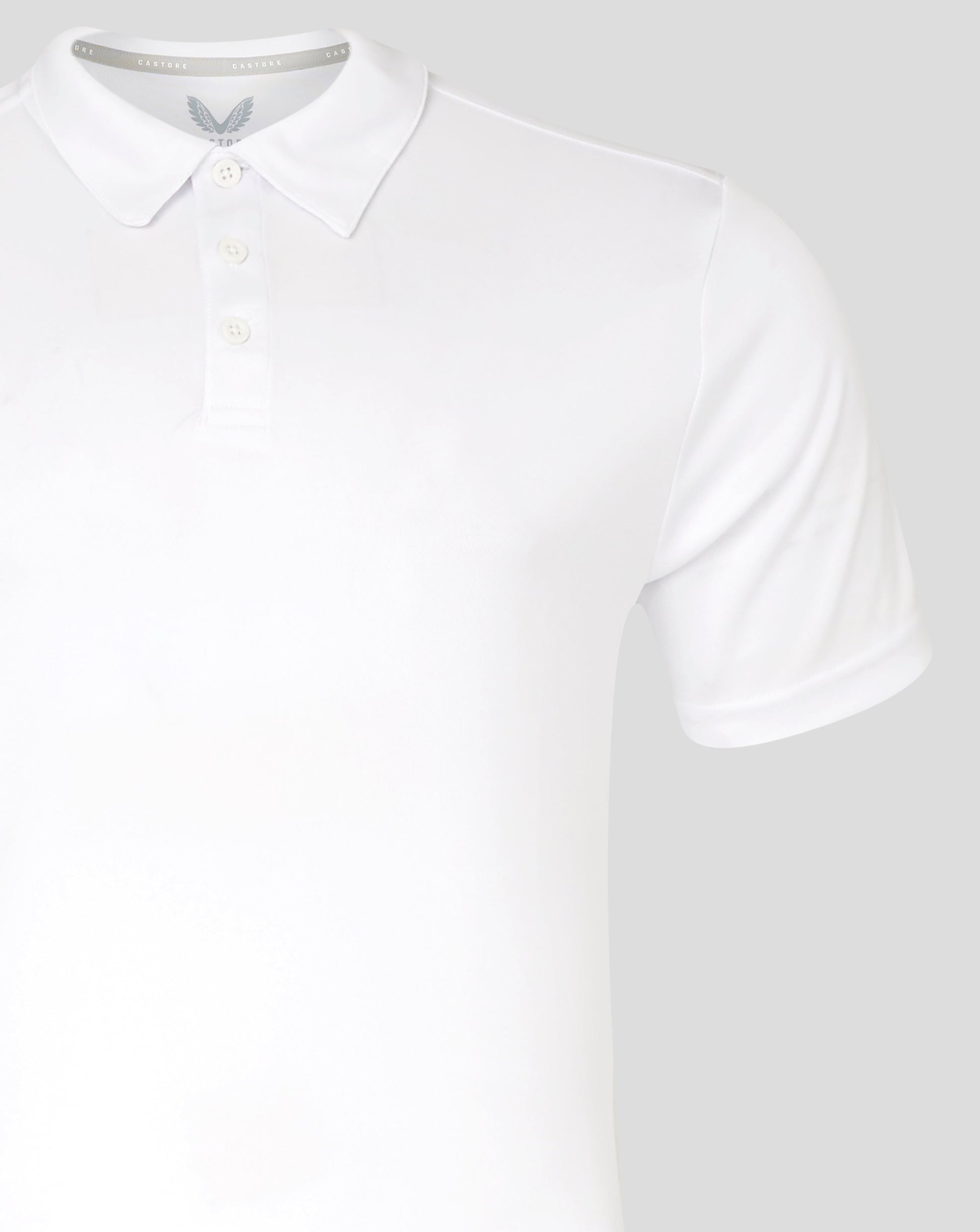 Black polo shirt with Castore logo on left chest and branding on the inside collar