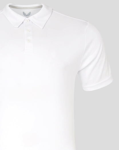 Black polo shirt with Castore logo on left chest and branding on the inside collar