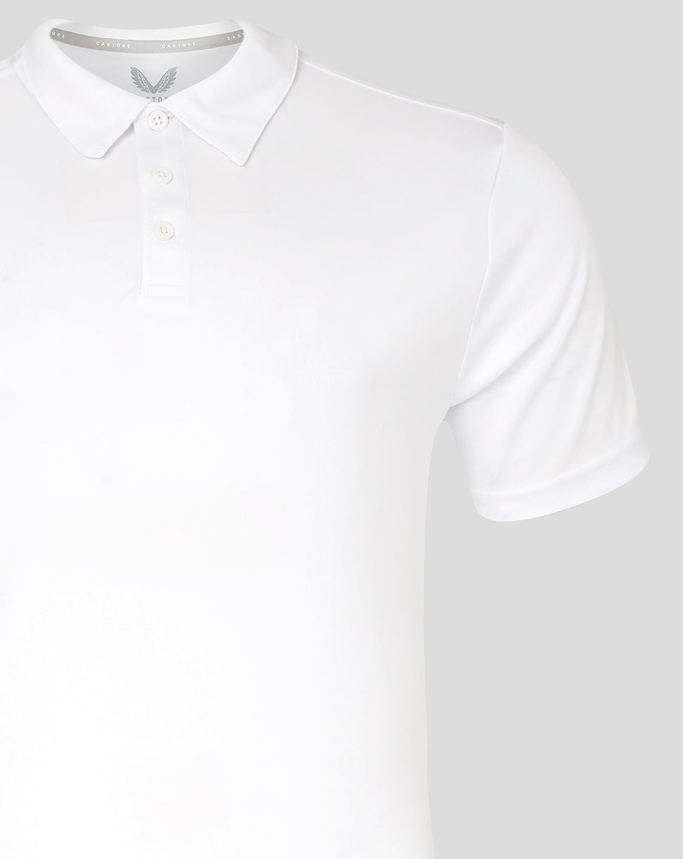 Close-up of the polo shirt collar and button placket on white fabric