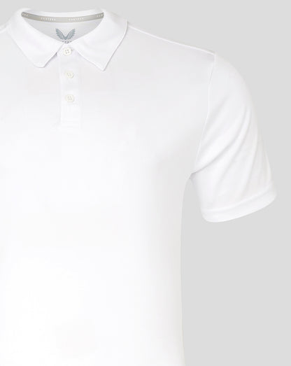 Close-up of the polo shirt collar and button placket on white fabric