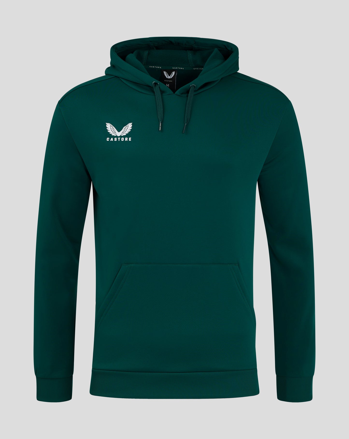 Men's botanical green performance hoodie with hood drawstrings and chest logo