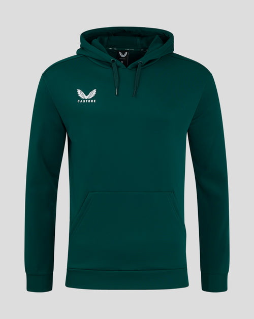 Men's botanical green performance hoodie with hood drawstrings and chest logo