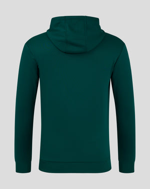 Rear view of a dark green men's performance overhead hoodie with the hood up.