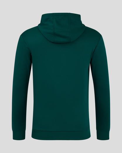 Rear view of a dark green men's performance overhead hoodie with the hood up.