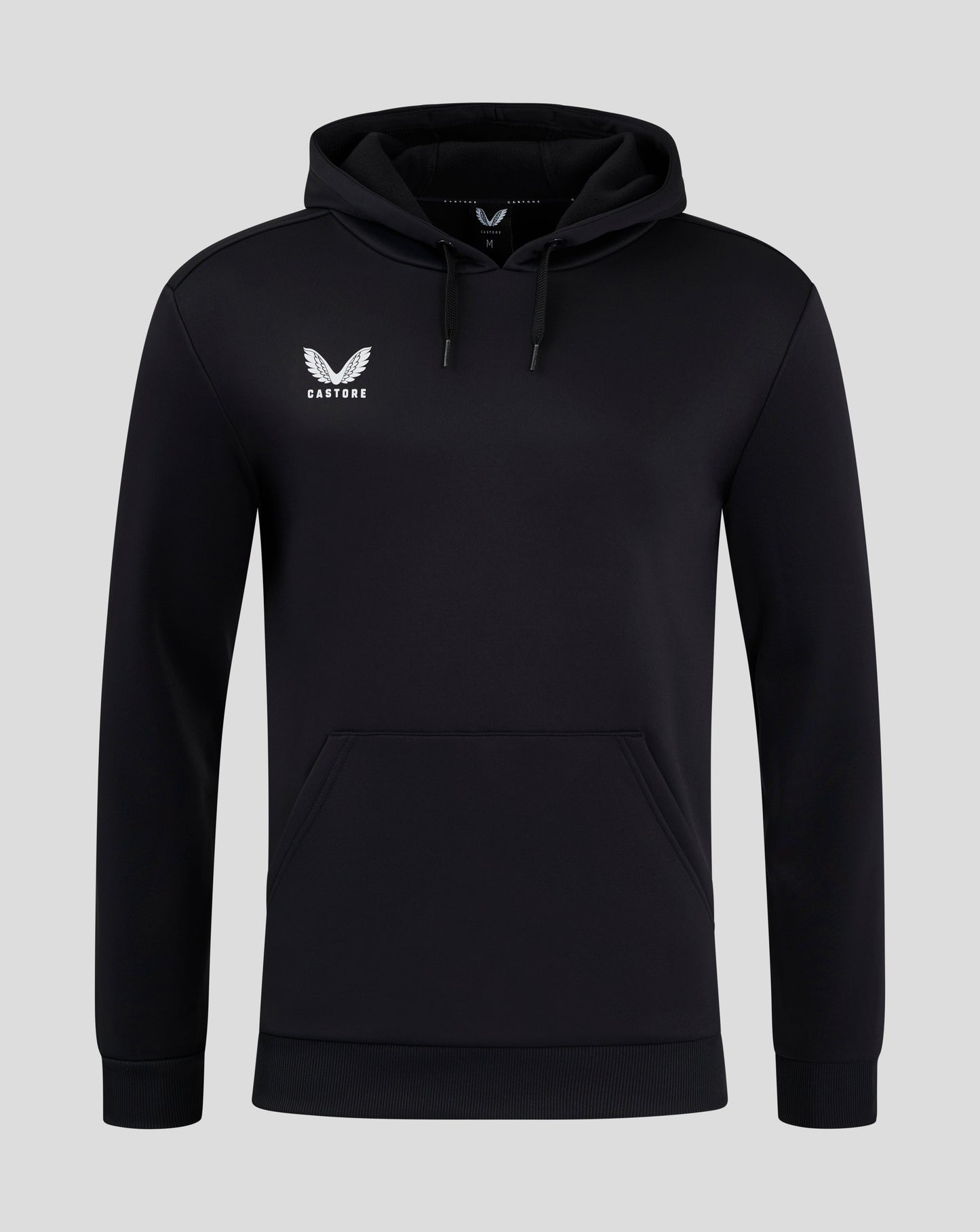 Black men's performance hoodie with hood and white Castore logo on chest