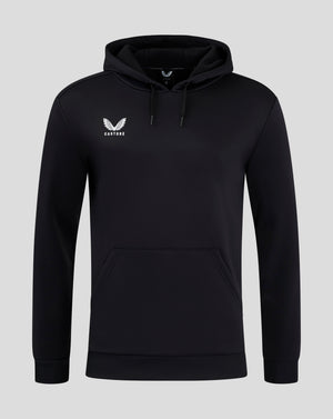 Black men's performance hoodie with hood and white Castore logo on chest