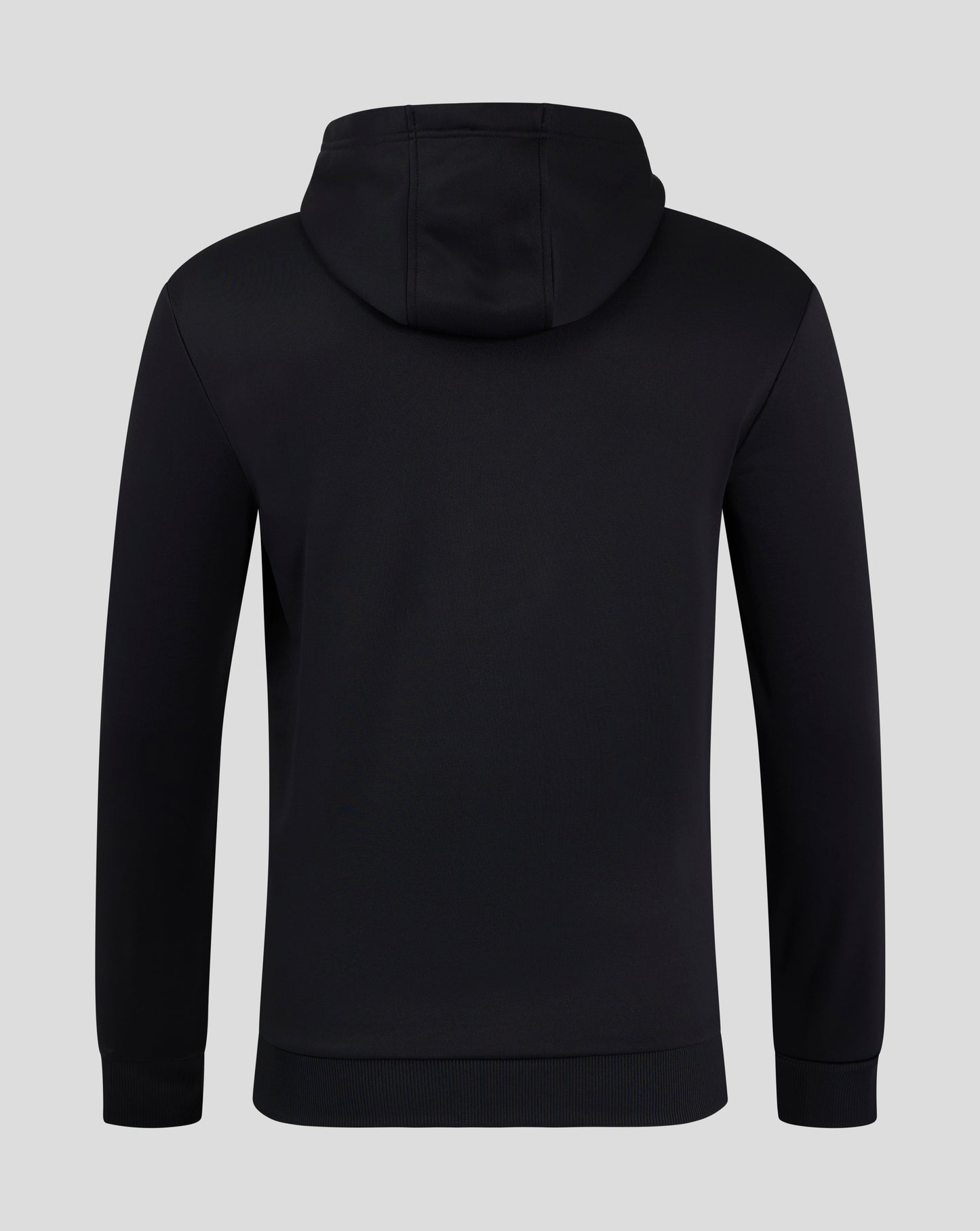Rear view of a black men's performance hoodie with hood