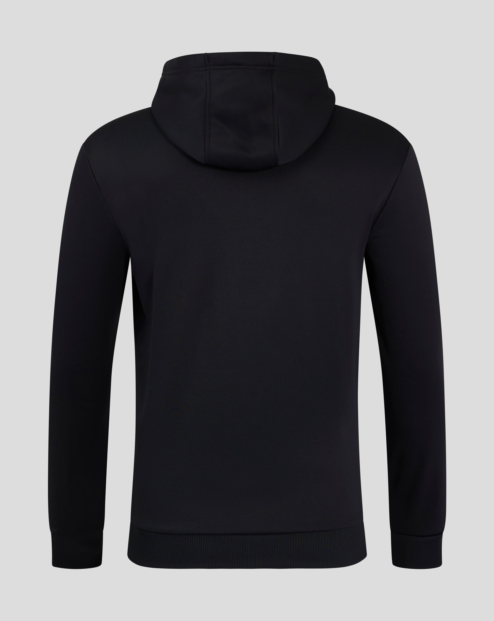 Rear view of a black men's performance hoodie with hood