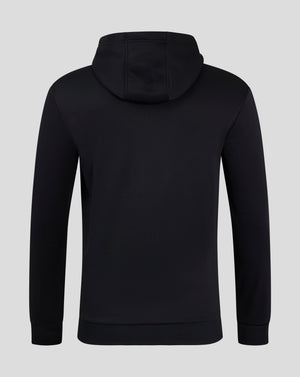 Rear view of a black men's performance hoodie with hood