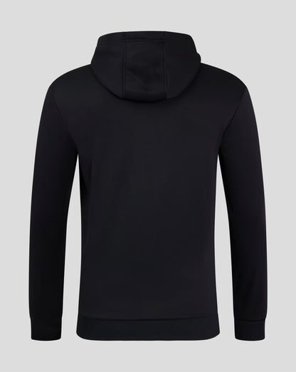Rear view of a black men's performance hoodie with hood
