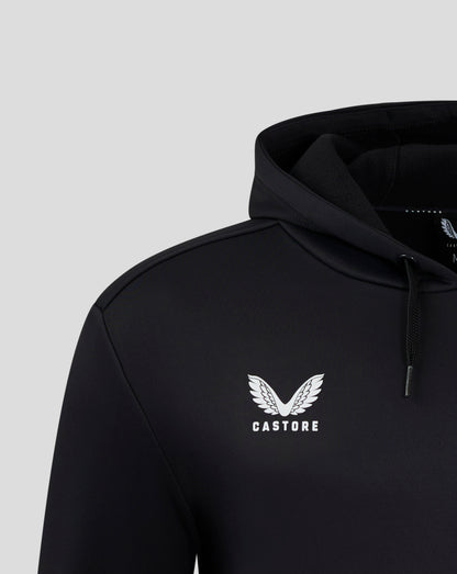 Close up of a black Mens Performance Overhead Hoodie showing the hood edge and Castore logo.