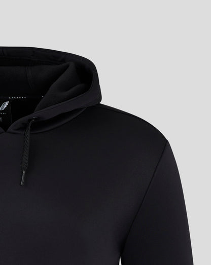 Partial view of black hooded sweatshirt showing the hood and drawstring.