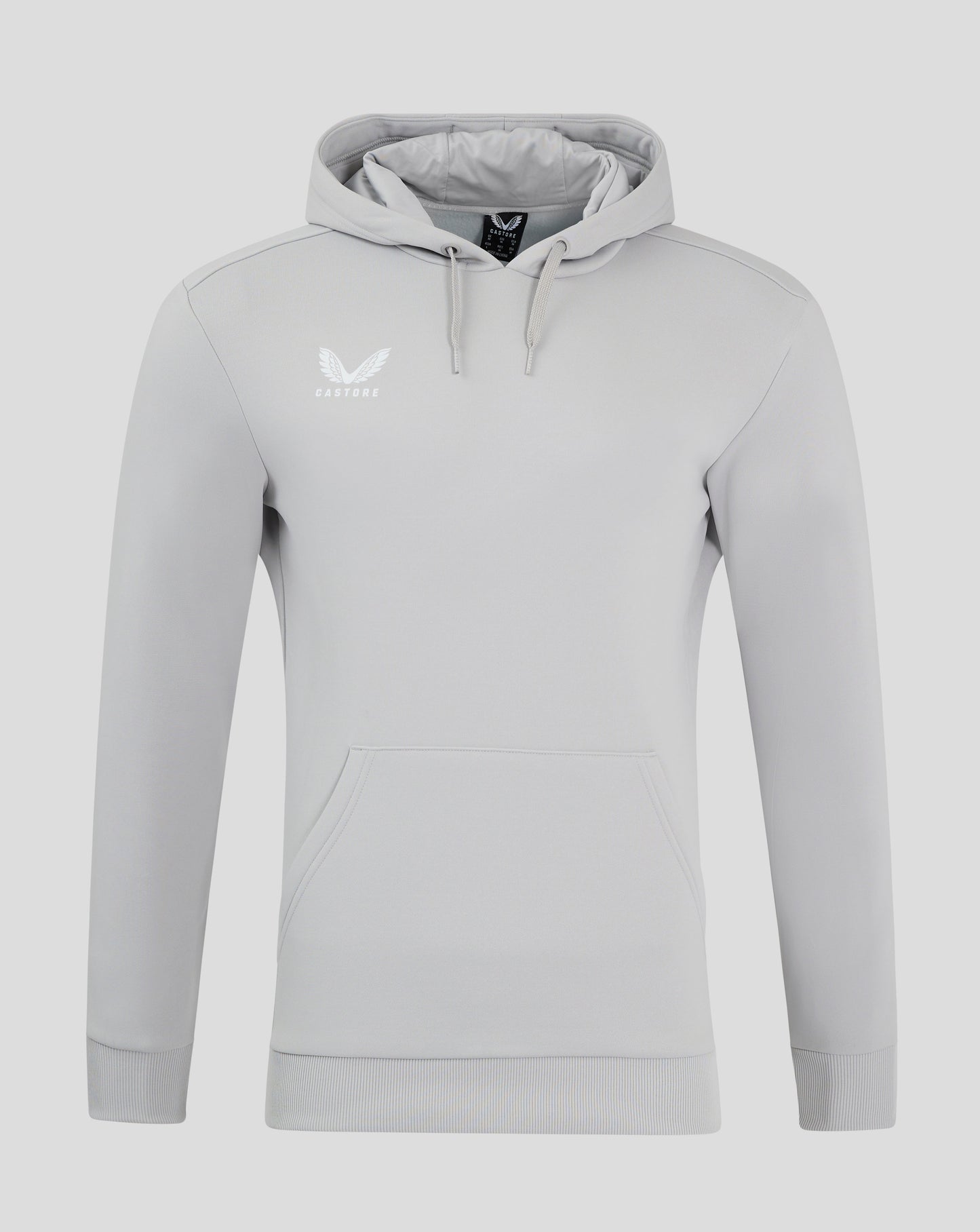 Light gray overhead hoodie with white Castore logo on chest and front kangaroo pocket