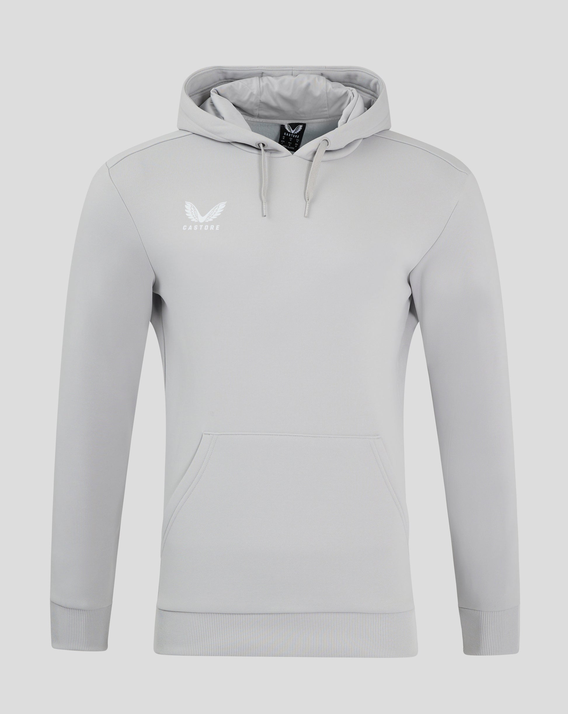 Light gray overhead hoodie with white Castore logo on chest and front kangaroo pocket