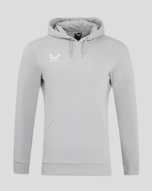 Light gray overhead hoodie with white Castore logo on chest and front kangaroo pocket