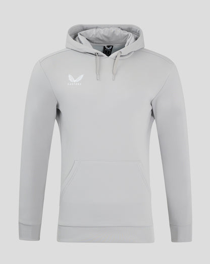 Light gray overhead hoodie with white Castore logo on chest and front kangaroo pocket