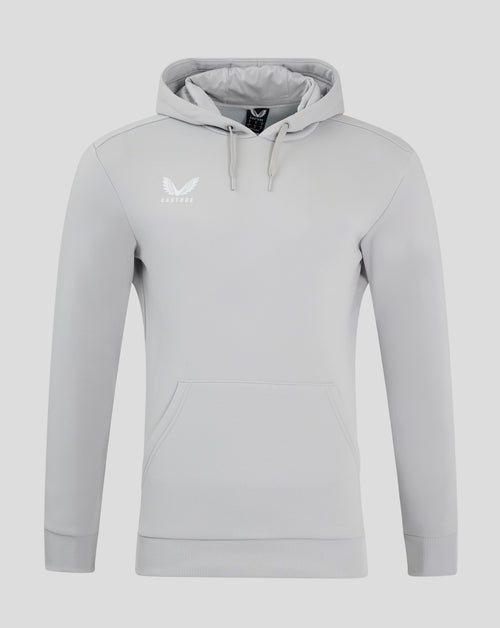 Light gray overhead hoodie with white Castore logo on chest and front kangaroo pocket