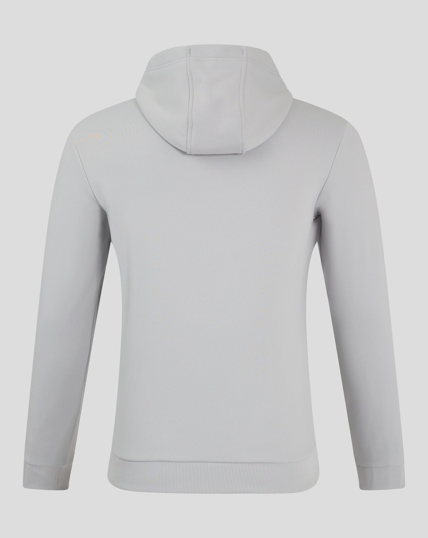 Back view of the Mens Performance Overhead Hoodie High Rise in light gray with the hood resting over the shoulders