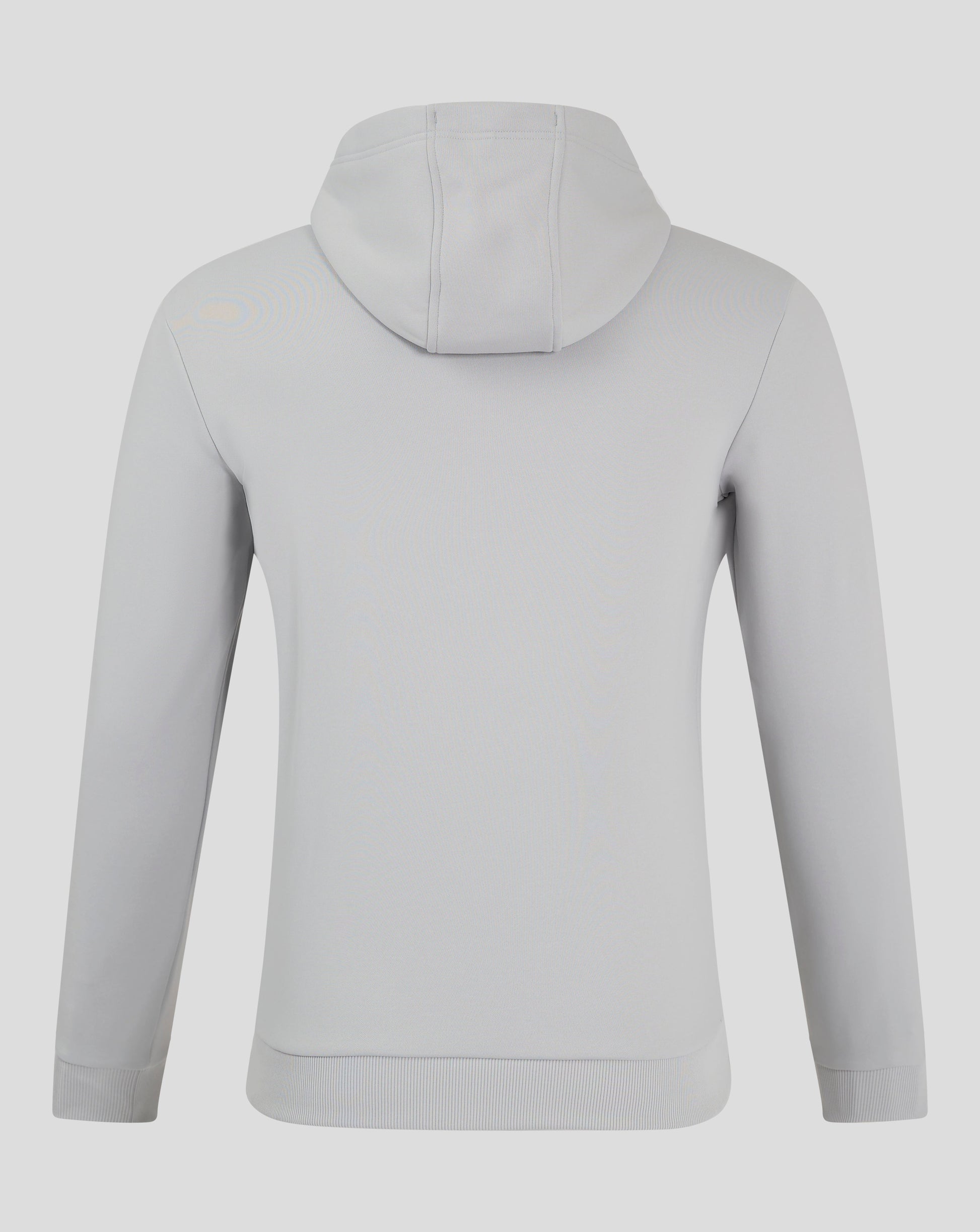 Back view of the Mens Performance Overhead Hoodie High Rise in light gray with the hood resting over the shoulders