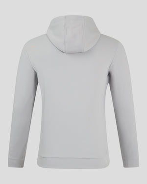 Back view of the Mens Performance Overhead Hoodie High Rise in light gray with the hood resting over the shoulders