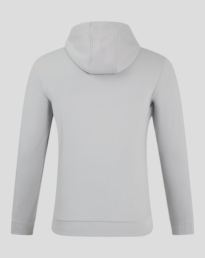 Back view of the Mens Performance Overhead Hoodie High Rise in light gray with the hood resting over the shoulders
