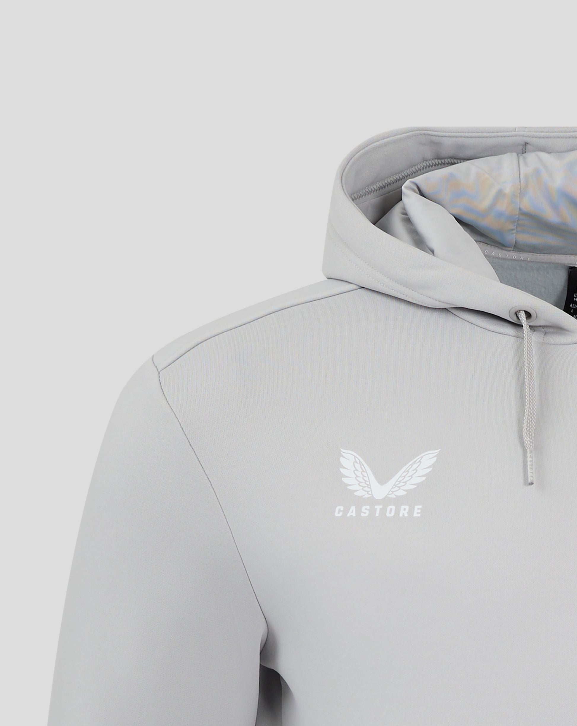 Close up of the hood with drawstring and soft inner lining on the Mens Performance Overhead Hoodie High Rise