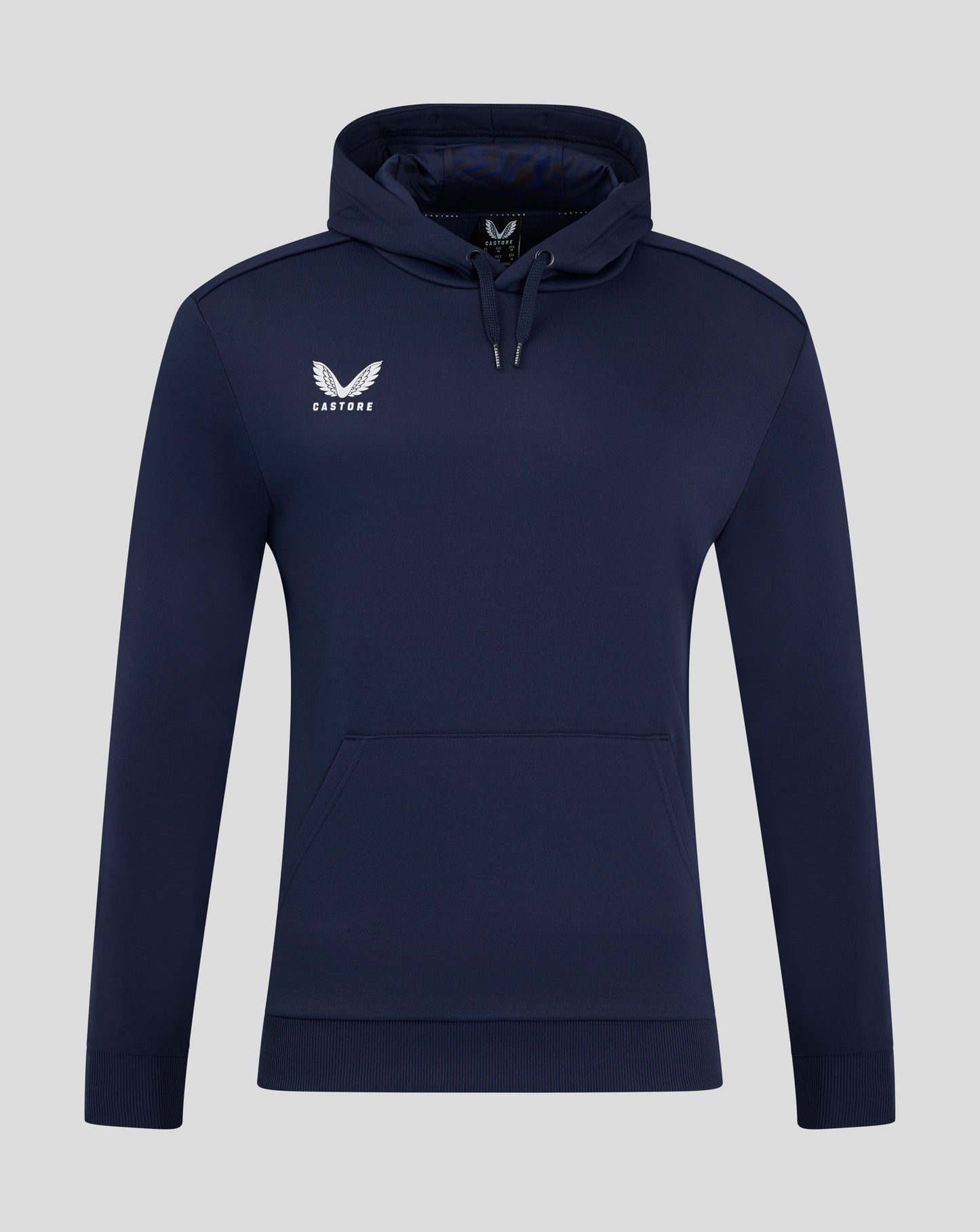 Navy blue performance hoodie with a drawstring hood and white winged Castore logo on the chest and front pocket.