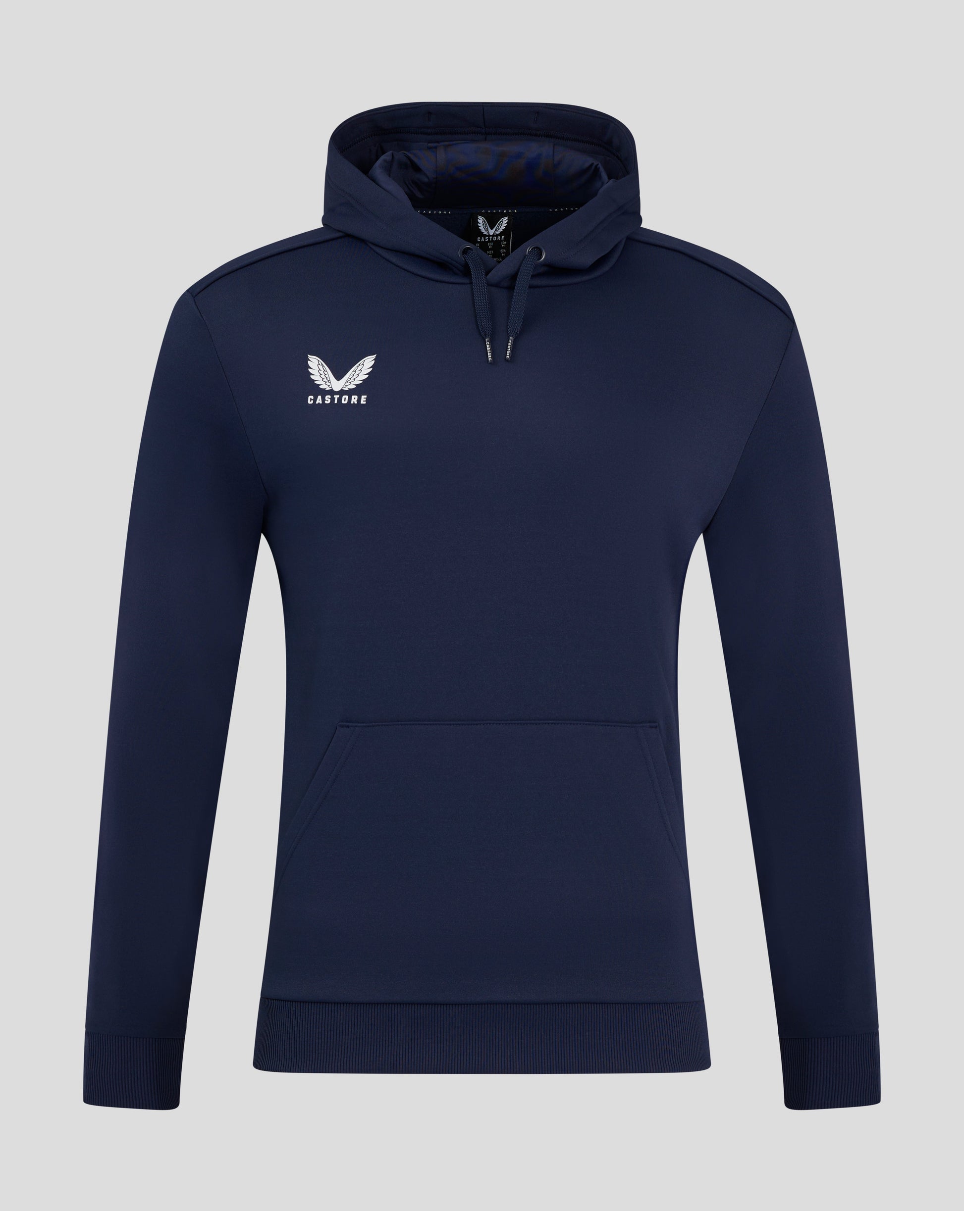Navy blue performance hoodie with a drawstring hood and white winged Castore logo on the chest and front pocket.