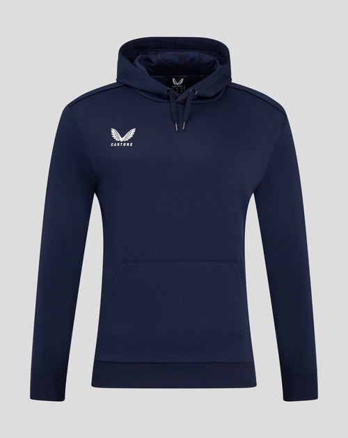 Navy blue performance hoodie with a drawstring hood and white winged Castore logo on the chest and front pocket.