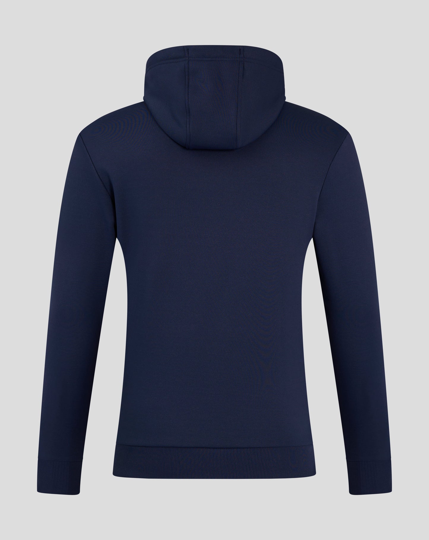Back view of navy Peacoat men's performance overhead hoodie with hood and ribbed cuffs