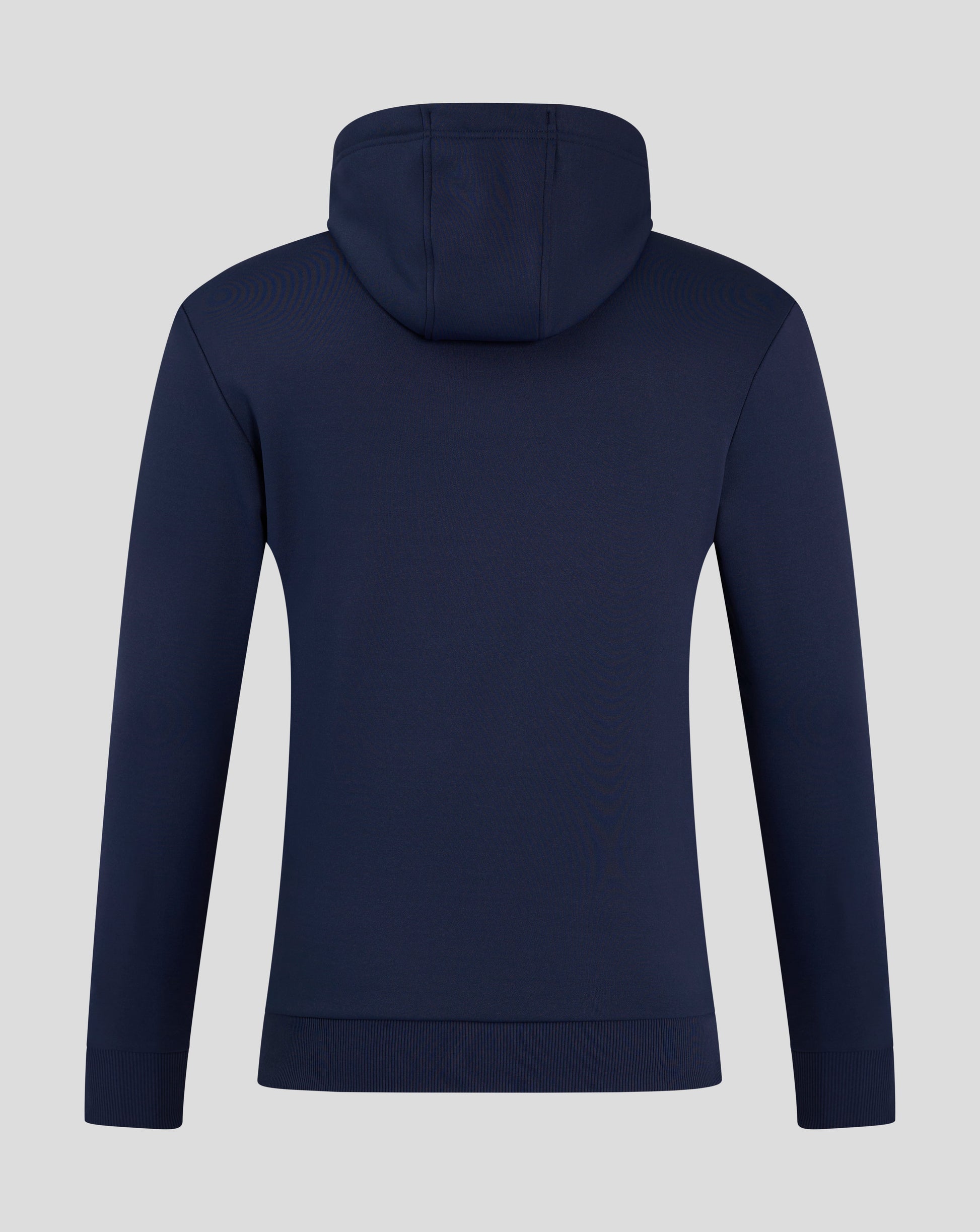 Back view of navy Peacoat men's performance overhead hoodie with hood and ribbed cuffs