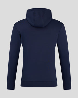 Back view of navy Peacoat men's performance overhead hoodie with hood and ribbed cuffs