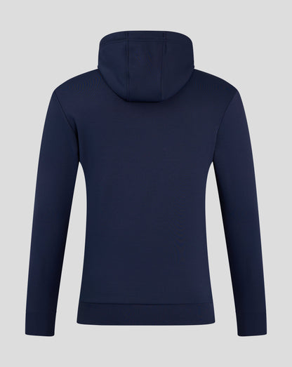 Back view of navy Peacoat men's performance overhead hoodie with hood and ribbed cuffs