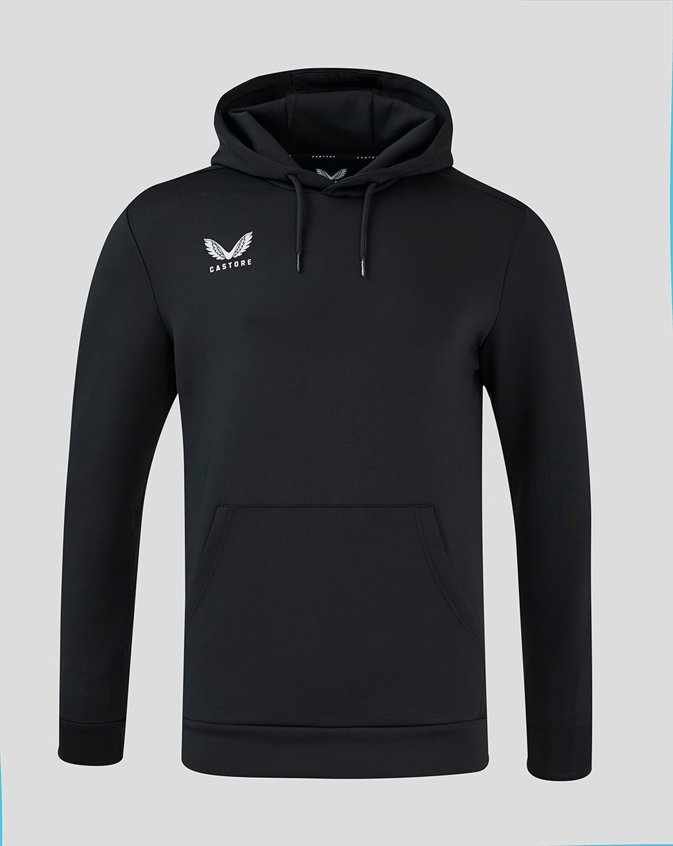 Front view of black Mens Flex Overhead Hoodie with hood, front pocket and chest logo