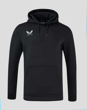 Front view of black Mens Flex Overhead Hoodie with hood, front pocket and chest logo