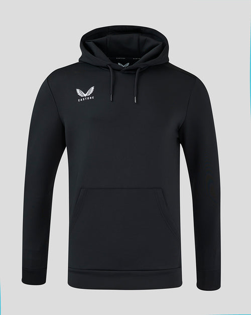 Front view of black Mens Flex Overhead Hoodie with hood, front pocket and chest logo