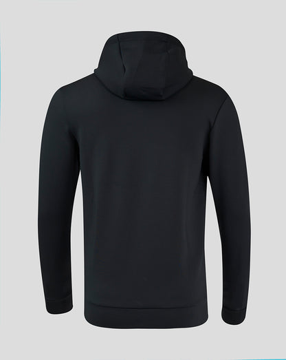 Back view of black men's hoodie with hood down and clean minimalist silhouette.