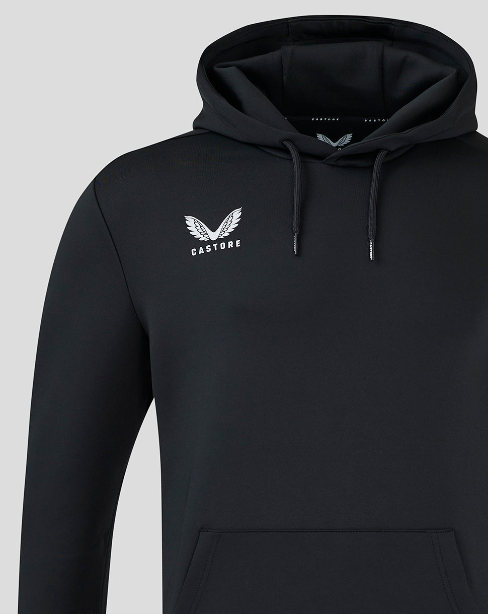 Black men's hoodie with white Castore wings logo on the left chest and a drawstring hood.