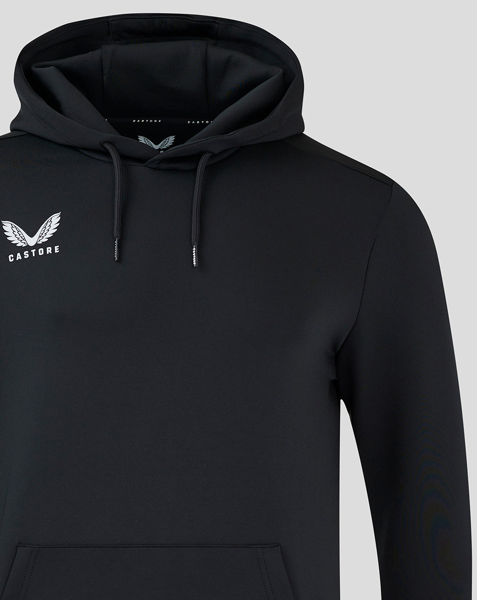 Front view of black men's hoodie with hood and drawstrings and a Castore logo on the left chest.