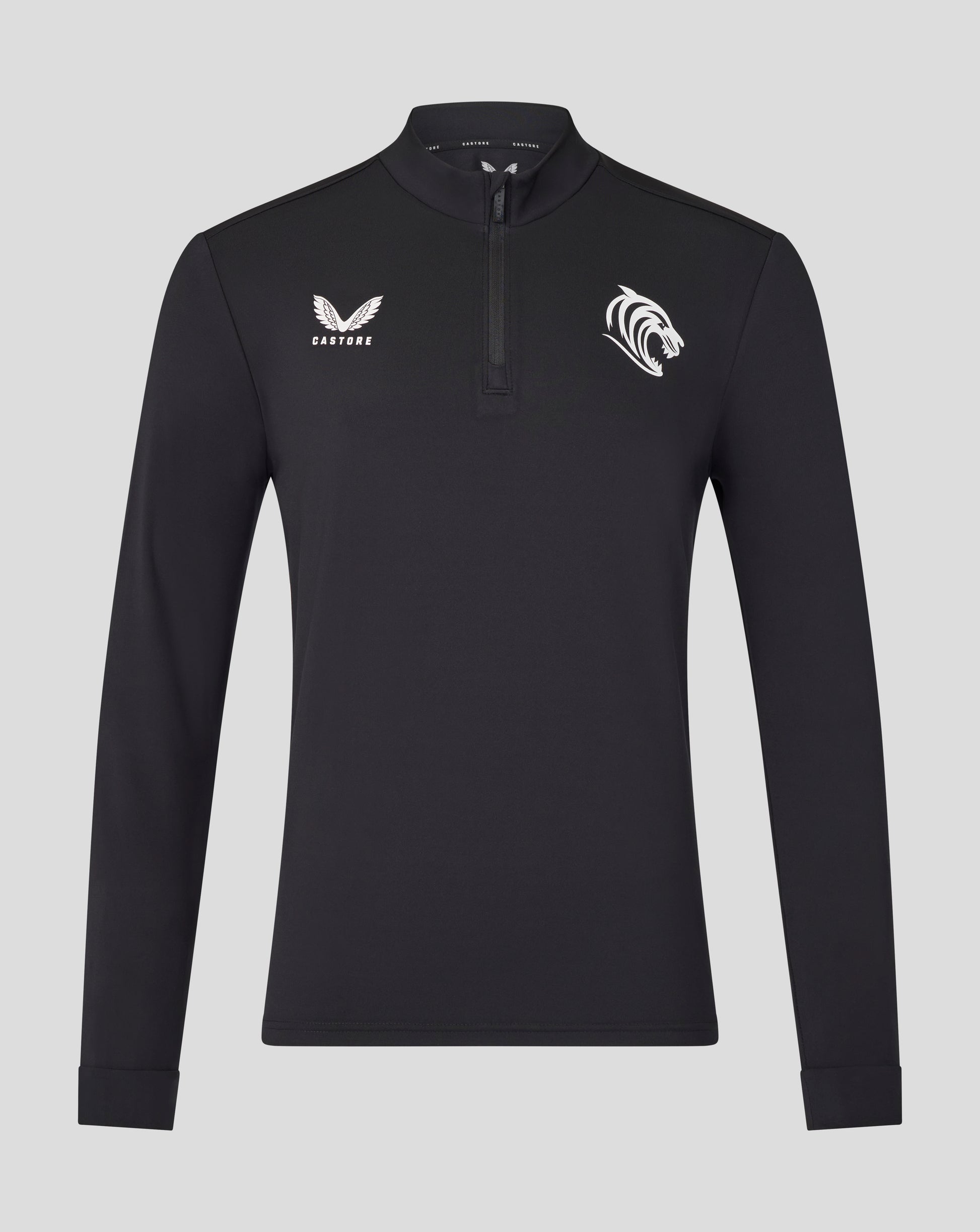 Black Leicester Tigers training top with half zip and white Castore wing logo on the left chest and tiger crest on the right chest.