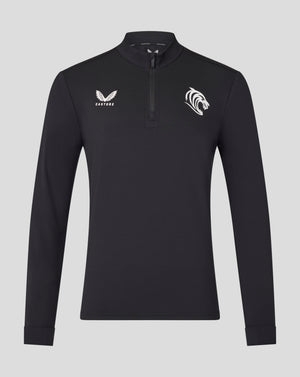 Black Leicester Tigers training top with half zip and white Castore wing logo on the left chest and tiger crest on the right chest.