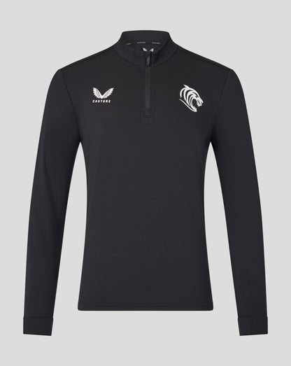 Black Leicester Tigers training top with half zip and white Castore wing logo on the left chest and tiger crest on the right chest.