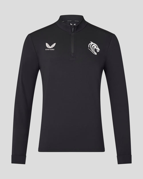 Black Leicester Tigers training top with half zip and white Castore wing logo on the left chest and tiger crest on the right chest.